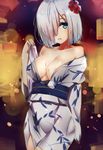  blue_eyes breasts flower gin00 hair_flower hair_ornament hair_over_one_eye hairclip hamakaze_(kantai_collection) japanese_clothes kantai_collection kimono medium_breasts short_hair silver_hair solo yukata 