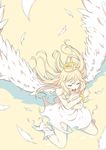  absurdres angel angel_wings bad_id bad_pixiv_id bracelet closed_eyes dissolving_clothes dress feathered_wings feathers halo highres jewelry keita_(kta0) long_hair open_mouth original sitting solo wariza white_dress wings 
