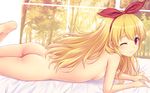  aikatsu! aikatsu!_(series) ass banned_artist blonde_hair breasts forest hair_ribbon highres hoshimiya_ichigo leg_up long_hair looking_at_viewer lying n.g. nature nipples nude on_stomach one_eye_closed red_eyes ribbon small_breasts smile solo very_long_hair window 