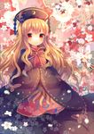  black_dress blonde_hair bug butterfly chinese_clothes dress floral_print hair_ornament hands_in_opposite_sleeves insect junko_(touhou) long_hair long_sleeves pjrmhm_coa red_eyes sash smile solo table touhou very_long_hair wide_sleeves 