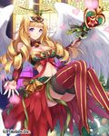  bare_shoulders bell blonde_hair bow breasts cleavage collar female hair_ornament halo heart hinariaoba holding holding_weapon long_hair looking_at_viewer midriff navel original purple_eyes red_bow smile solo staff thighhighs weapon wings 