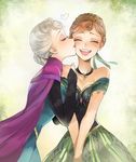  anna_(frozen) ano_(sbee) bare_shoulders blonde_hair cape cheek_kiss closed_eyes couple elsa_(frozen) frozen_(disney) hair_up hand_on_shoulder happy incest kiss multiple_girls orange_hair siblings sisters smile tiara yuri 