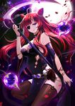  ahoge bad_id bad_pixiv_id bare_shoulders black_legwear blue_eyes chain closed_mouth eyepatch full_moon hair_ornament holding holding_weapon jewelry long_hair looking_at_viewer moon original phonic red_hair ring scythe skull sky solo thighhighs weapon 