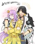  arm_around_shoulder armor black_hair blonde_hair blue_eyes crossed_arms facial_hair gold_armor hachisuka_kotetsu hair_over_one_eye japanese_clothes long_hair male_focus multicolored_hair multiple_boys nagasone_kotetsu nightcat open_mouth petals purple_hair smile stubble touken_ranbu translated two-tone_hair very_long_hair yellow_eyes 