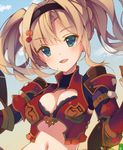  armor bad_id bad_twitter_id bikini_armor blonde_hair blue_eyes blue_sky blush braid breasts cleavage cleavage_cutout cloud day food_themed_hair_ornament granblue_fantasy hair_intakes hair_ornament hairband long_hair lowres medium_breasts navel pumpkin_hair_ornament red_armor sky solo twintails uguisu_kagura upper_body zeta_(granblue_fantasy) 