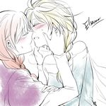  absurdres anna_(frozen) blonde_hair blush closed_eyes couple elsa_(frozen) fatenano7 frozen_(disney) highres imminent_kiss incest multiple_girls orange_hair siblings sisters touching yuri 