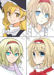  alice_margatroid blonde_hair bow collaboration commentary_request frills hair_bow hairband hat kirisame_marisa looking_at_viewer mitsunara multiple_girls nip_to_chip scarf smile touhou translated tsuno_no_hito white_background witch_hat yuuta_(monochrome) 