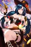  bare_shoulders belt black_gloves blue_hair boots breasts cleavage coin collar collarbone female fingerless_gloves gloves gun hat holding holding_weapon jewelry long_hair looking_at_viewer midriff navel original phonic pink_eyes pistol ring shorts sitting smile solo star_(symbol) sunbeam twintails weapon 