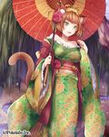  1girl animal_ears bare_shoulders brown_hair cat_ears cat_tail collarbone female flower frilled_sleeves frills green_eyes hair_flower hair_ornament hair_stick hinariaoba japanese_clothes kimono obi open_mouth original short_hair smile solo tail traditional_clothes umbrella yukata 