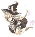  animal_ears blonde_hair bow braid cat_ears cat_girl cat_tail commentary_request dress hair_bow hat hat_bow kemonomimi_mode kirisame_marisa long_hair looking_at_viewer mitsunara paw_print side_braid smile solo tail touhou white_bow witch_hat yellow_eyes 