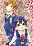  1girl :d backpack bag black_hair blue_eyes brown_eyes brown_hair cherry_blossoms dress flower highres hikariin25 kitashirakawa_tamako long_hair low_twintails ooji_mochizou open_mouth pinafore_dress school_uniform short_hair smile tamako_market twintails 