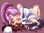  1boy 1girl amagaeru_(hylathewet) assertive clothed_sex girl_on_top hat hatsuharu_(kantai_collection) kantai_collection long_hair ponytail purple_hair sex simple_background 