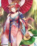  1girl animal_ears bare_shoulders blue_eyes breasts brown_hair cat_ears cat_tail cleavage collarbone female flower frilled_sleeves frills hair_flower hair_ornament hair_stick hinariaoba japanese_clothes kimono obi open_mouth original short_hair smile snail tail traditional_clothes umbrella yukata 