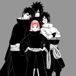  1girl 3boys black_eyes black_hair eyebrows facial_mark fingernails fingers forehead_mark green_eyes haruno_sakura monochrome multiple_boys nail_polish naruto naruto_shippuuden pink_hair short_hair simple_background spiked_hair uchiha_madara uchiha_obito uchiha_sasuke 