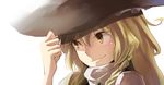  adjusting_clothes adjusting_hat blonde_hair braid closed_mouth commentary_request hat kirisame_marisa long_hair mitsunara portrait side_braid smile solo touhou white_background witch_hat yellow_eyes 