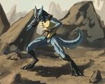  3_toes angry blekarotva blood lucario male mountain muscular nintendo outside pok&eacute;mon red_eyes rock sharp sharp_claws solo spikes standing toes video_games 