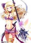  bare_shoulders black_panties blonde_hair breasts closed_mouth collar elbow_gloves expressionless female gloves hinariaoba holding holding_weapon jewelry long_hair looking_at_viewer midriff navel original panties pointy_ears purple_eyes purple_gloves simple_background solo tiara underwear weapon 