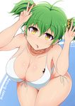  2015 :p alternate_hairstyle bare_shoulders bikini breasts brown_eyes cleavage dated earrings green_hair happy_birthday highres hikage_(senran_kagura) jewelry large_breasts looking_at_viewer ponpo senran_kagura senran_kagura_estival_versus short_hair short_twintails side-tie_bikini slit_pupils solo swimsuit thighs tongue tongue_out twintails v white_bikini 