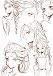  :&lt; braid closed_eyes closed_mouth elsa_(frozen) facing_viewer frozen_(disney) hair_down hair_over_shoulder hair_slicked_back hidaka_ajiko highres long_hair looking_at_viewer messy_hair monochrome mouth_hold multiple_views profile protected_link single_braid sketch smile 