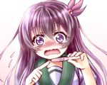  blush commentary_request flying_sweatdrops hair_ornament kantai_collection kisaragi_(kantai_collection) long_hair looking_at_viewer maou_mikage open_mouth pregnancy_test purple_eyes purple_hair school_uniform serafuku solo tears upper_body wavy_mouth 