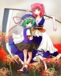  blue_eyes blurry breasts carrying cleavage covering_mouth depth_of_field dress flower from_behind gradient gradient_background green_hair hair_bobbles hair_ornament hat juliet_sleeves korin_(ra-sky07) layered_dress long_sleeves looking_at_viewer looking_back medium_breasts multiple_girls onozuka_komachi puffy_sleeves red_eyes red_hair rod_of_remorse sandals scythe shiki_eiki short_hair short_sleeves skirt smile spider_lily touhou two_side_up vest wind 