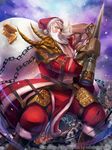  armor beard chain eyepatch facial_hair fantasy gauntlets gloves gold_bar hat highres leg_armor male_focus mikeyama_mike muscle official_art old_man one_eye_covered original sack santa_claus santa_hat shoulder_armor snow solo spiked_gloves white_hair 