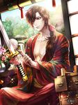  bird bow box_(hotpppink) brown_hair file_cabinet flower hair_bow highres japanese_clothes male_focus official_art pink_eyes ponytail sengoku_kishin_valkyrie sword uchiko weapon 