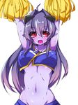  ahoge arms_up arunira bangs black_sclera breasts brll cheerleader collarbone covered_nipples demon_girl demon_horns demon_tail hair_intakes horns long_hair looking_at_viewer medium_breasts navel no_bra open_mouth original pointy_ears pom_poms purple_hair purple_skin red_eyes simple_background solo sweat tail underboob upper_body white_background 