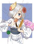  blue_eyes blush chocolate_banana corn cotton_candy crossover eating flower food hair_flower hair_ornament hair_over_one_eye hairclip hamakaze_(kantai_collection) ikayaki japanese_clothes kantai_collection kimono kinnikuman kinnikuman_(character) non_non_biyori short_hair silver_hair simple_background solo squid taishi_(moriverine) water_balloon yukata 