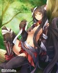  1girl :c animal_ears arm_support bandage bell black_hair breasts cat_ears cat_tail closed_mouth collar detached_sleeves female frown hair_censor hinariaoba long_hair midriff navel original sitting solo tail torn_clothes underboob very_long_hair yellow_eyes 