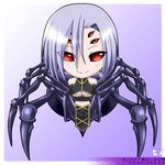  arachne breasts carapace character_name chibi copyright_name crossed_arms detached_sleeves extra_eyes eyes_visible_through_hair full_body hair_over_one_eye insect_girl large_breasts lavender_hair monster_girl monster_musume_no_iru_nichijou multiple_legs navel pelvic_curtain rachnera_arachnera red_eyes rikuto_kemo smile solo spider_girl underboob 