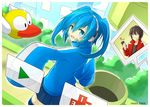  1girl :d beak black_shirt blue_eyes blue_hair blue_skirt blue_sky blue_sweater brown_hair building cellphone ene_(kagerou_project) flappy_bird headphones highres jacket kagerou_project kisaragi_shintarou mzrz open_mouth phone red_jacket shirt short_hair skirt sky sleeves_past_fingers sleeves_past_wrists smartphone smile striped surprised sweater thighhighs tree twintails zettai_ryouiki 