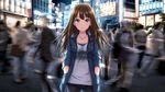  artist_request bangs blue_eyes brown_hair building city clock collarbone crowd denim denim_jacket earrings hands_in_pockets highres idolmaster idolmaster_cinderella_girls idolmaster_cinderella_girls_starlight_stage jacket jeans jewelry long_hair looking_at_viewer motion_blur necklace official_art open_clothes open_jacket outdoors pants pavement print_shirt shibuya_rin shirt sign smile solo_focus source_request stage_of_magic unbuttoned wallpaper zipper 