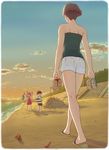  1boy 2girls arm arms_up back bare_arms bare_back bare_legs bare_shoulders beach brown_hair bucket carrying child cloud crab gake_no_ue_no_ponyo holding holding_shoes jas kaze_no_tani_no_nausicaa lamppost legs long_image mother_and_son multiple_girls nape ohmu outdoors park ponyo risa_(ponyo) sand_sculpture sandals seashell shell shoes shoes_removed short_hair short_shorts shorts sky skyline sosuke stairs star_(sky) strapless sun sunset tall_image toy_boat tubetop walking water 