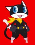  ambiguous_gender anthro atlus bandanna black_fur blue_eyes cat eyelashes featureless_crotch feline fur girly hi_res mammal megami_tensei morgana_(persona) open_mouth persona pouch red_background semi-anthro simple_background solo sssonic2 standing video_games white_fur 