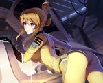  arched_back ass bent_over blonde_hair blush bodysuit breasts cameltoe canopy folded_ponytail gloves hair_ornament hangar helmet impossible_clothes interior large_breasts long_hair mori_yuki pilot_suit purple_eyes smile solo space_craft spacecraft_interior spacesuit starfighter uchuu_senkan_yamato uchuu_senkan_yamato_2199 vmax-ver yamato_(uchuu_senkan_yamato) yellow_bodysuit 