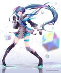  :d absurdres aqua_eyes aqua_hair bad_id bad_pixiv_id belt black_legwear blue_hair blurry bracelet buttons contrapposto cube depth_of_field gloves hair_ornament hair_ribbon hatsune_miku highres holding holding_microphone hoshima jewelry leg_belt long_hair magical_mirai_(vocaloid) microphone motion_blur music open_mouth reflection ribbon singing smile solo standing thigh_strap thighhighs twintails v-shaped_eyebrows very_long_hair vocaloid 