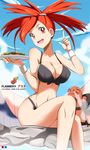  1girl :d asuna_(pokemon) bath bikini breasts cleavage cookie erect_nipples female gym_leader large_breasts long_hair looking_at_viewer open_mouth pointing pokemon pokemon_(game) pokemon_oras pokemon_rse red_eyes red_hair senbei sitting sky smile solo swimsuit torkoal vivivoovoo wide_hips 
