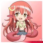  :d breasts character_name chibi cleavage copyright_name full_body hair_ornament hairclip lamia large_breasts long_hair miia_(monster_musume) monster_girl monster_musume_no_iru_nichijou navel open_mouth pointy_ears red_hair rikuto_kemo scales shirt skirt slit_pupils smile solo tied_shirt yellow_eyes 