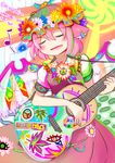  animal_ears bird_wings closed_eyes commentary_request eighth_note english flower flower_(symbol) guitar hat hat_flower highres hippie instrument jefferson_airplane lyrics music musical_note mystia_lorelei nama_shirasu open_mouth peace_symbol pink_hair puffy_short_sleeves puffy_sleeves short_sleeves singing smile solo touhou wings 