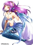  1girl bare_shoulders blush breasts collarbone female fish_tail hair_ornament happy hinariaoba jewelry long_hair mermaid midriff monster_girl navel open_mouth original purple_hair shell simple_background smile solo white_background yellow_eyes 