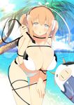  :o animal_print beach bell bikini blush breasts cleavage cow_print day grey_eyes headphones huge_breasts looking_at_viewer official_art orange_hair palm_tree senran_kagura senran_kagura_new_wave short_hair short_twintails solo swimsuit tree twintails ushimaru_(senran_kagura) ushiwakamaru_(senran_kagura) whip yaegashi_nan 