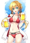 alcohol anchor_hair_ornament ass_visible_through_thighs beer beer_mug bikini blonde_hair breasts cameltoe cleavage collarbone contrapposto cowboy_shot cup dual_wielding green_eyes groin hair_ornament highres holding holding_cup jacket kantai_collection large_breasts layered_bikini looking_at_viewer multi-strapped_bikini navel off_shoulder open_clothes open_jacket open_mouth prinz_eugen_(kantai_collection) red_bikini shirokuma_a solo standing swimsuit twintails underboob 