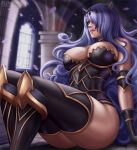  1girl ass black_armor boots breasts camilla_(fire_emblem_if) commission fire_emblem fire_emblem_if flowerxl1 hair_over_one_eye high_heel_boots high_heels large_breasts lips long_hair nintendo pervert purple_eyes purple_hair solo tiara very_long_hair wavy_hair 