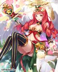  bare_shoulders bell bow bracelet breasts cleavage female hair_ornament halo heart hinariaoba holding holding_weapon jewelry long_hair looking_at_viewer midriff navel open_mouth orange_eyes original red_bow red_hair smile solo staff thighhighs weapon wings 