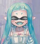  apron bad_id bad_twitter_id bangs blue_hair blue_tongue blunt_bangs blush closed_eyes collarbone domino_mask fangs holding inkling lowres mask open_mouth pointy_ears pot purple_background short_hair_with_long_locks sidelocks smile solo splatoon_(series) splatoon_1 tentacle_hair yousuke_(yosk) 