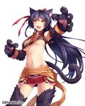  1girl animal_ears bell belt black_hair cat_ears cat_tail collar female hair_ornament hair_ribbon happy hinariaoba long_hair midriff navel open_mouth original red_ribbon red_skirt ribbon simple_background skirt smile solo tail underboob white_background yellow_eyes 