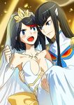  2girls bare_shoulders black_hair blue_eyes blush breasts carrying detached_sleeves dress earrings embarrassed epaulettes eye_contact fang female gloves hair_ornament hime_cut jewelry junketsu kill_la_kill killedcat kiryuuin_satsuki long_hair looking_at_another matoi_ryuuko multiple_girls naughty_face neck necklace open_mouth princess_carry red_hair short_hair shy smile strapless strapless_dress teeth two-tone_hair veil wedding_dress white_dress yuri 