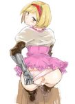 anus ass bent_over blush boots brown_eyes brown_footwear brown_gloves censored djeeta_(granblue_fantasy) dress elbow_gloves fighter_(granblue_fantasy) from_above from_behind full_body gauntlets gloves granblue_fantasy hairband looking_at_viewer looking_back panties panties_aside panty_pull pink_dress pink_panties presenting puffy_short_sleeves puffy_sleeves pussy sape_(saperon_black) short_dress short_hair short_sleeves simple_background smile solo standing underwear white_background 