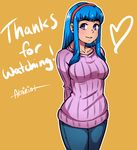  akairiot arms_behind_back artist_name bad_id bad_tumblr_id blue_hair breasts cowboy_shot denim grin hairband heart jeans long_hair looking_at_viewer mascot medium_breasts orange_background original pants purple_eyes ribbed_sweater sidelocks simple_background smile solo sue_etta sweater thank_you wide_hips 
